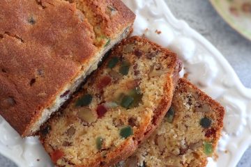 Slices of fruit cake on a serving platter