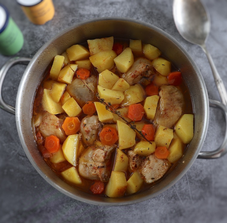 Homemade chicken potato stew in a large saucepan