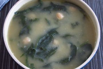 Chickpeas soup with spinach on a dish bowl