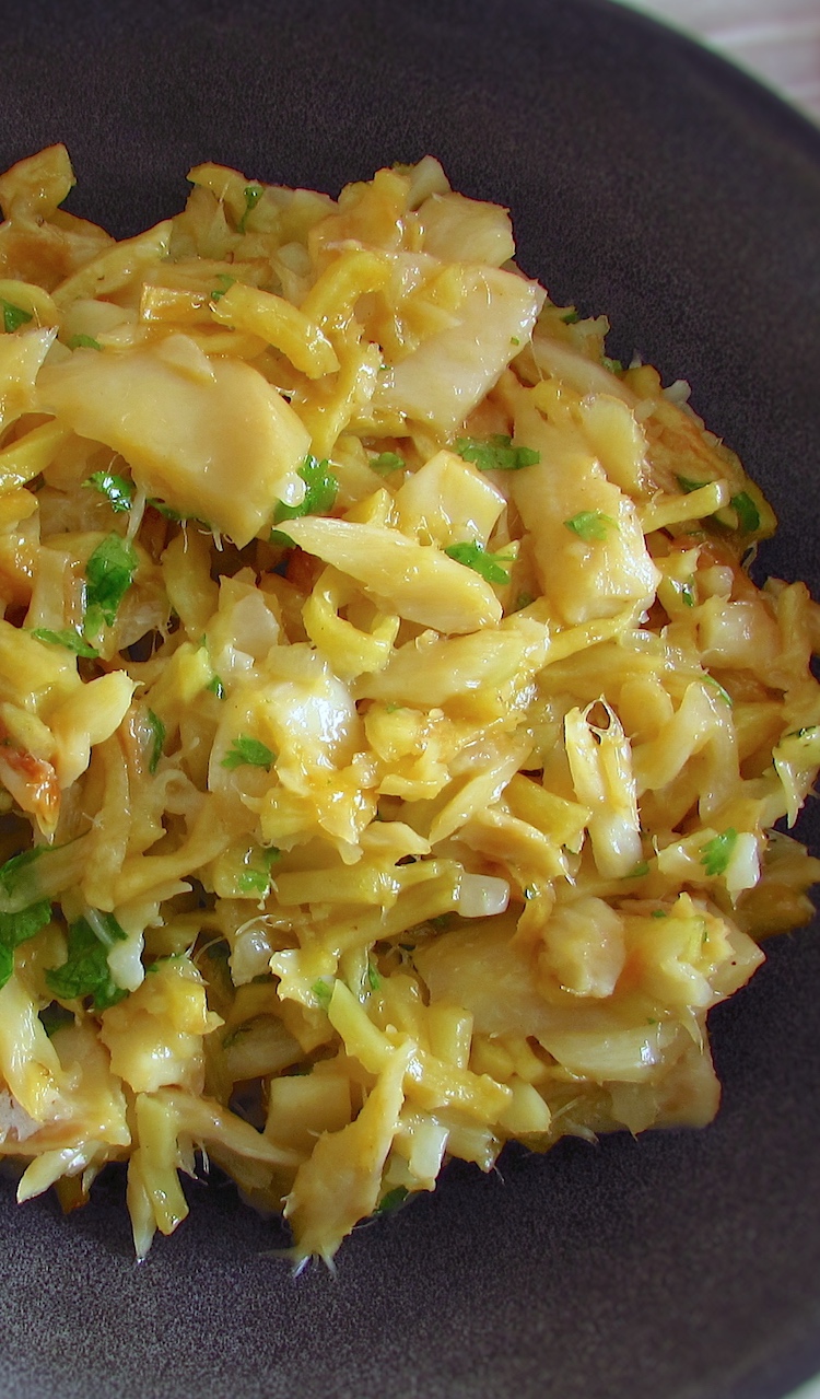Salt cod, potatoes and eggs on a dish bowl