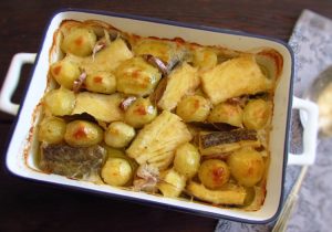 Cod in the oven on a baking dish