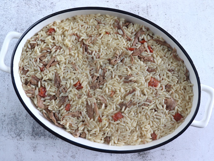 Portuguese duck rice on a baking dish