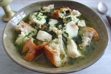 Fish bread soup on a dish