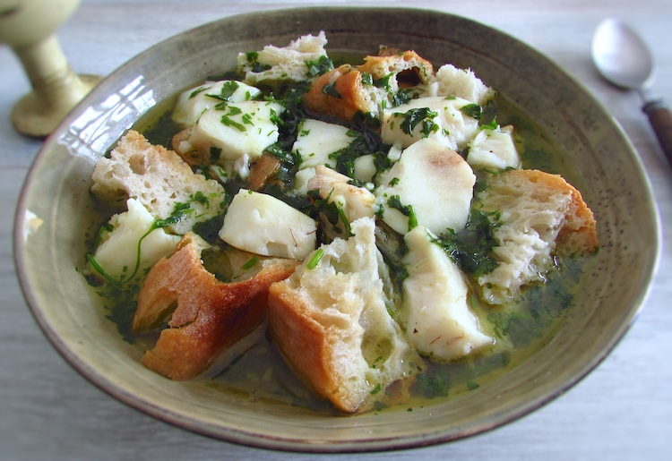 Fish bread soup on a dish
