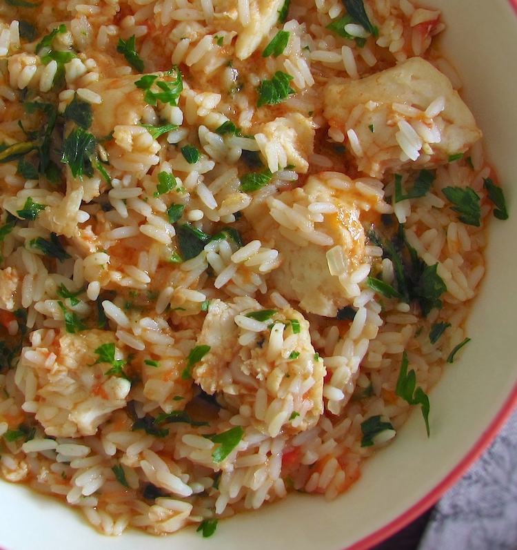 Easy fish rice on a dish bowl