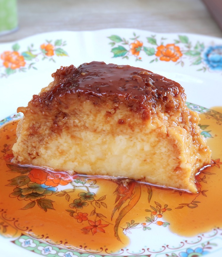 Slice of homemade flan in a plate