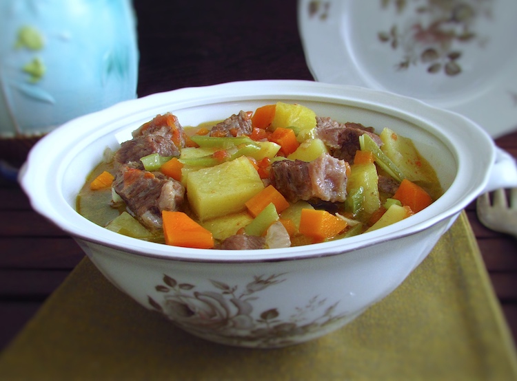 Easy homemade beef stew on a tureen