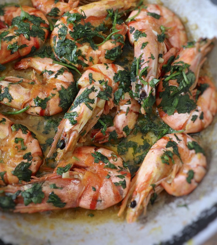 Mustard garlic shrimp in a skillet