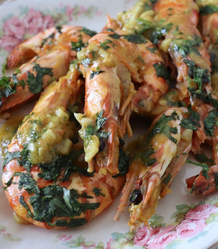 Mustard garlic shrimp in a serving platter