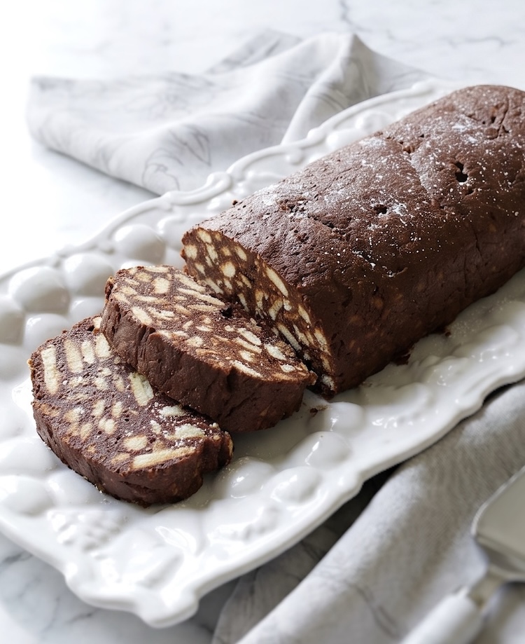 Portuguese Chocolate Salami in a serving dish