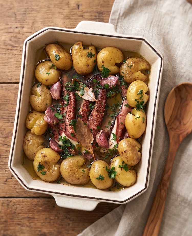Portuguese Octopus Lagareiro in a baking dish