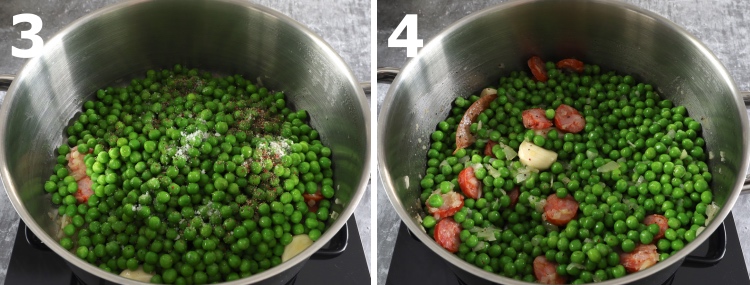 Portuguese peas with poached eggs and chouriço step 3 and 4