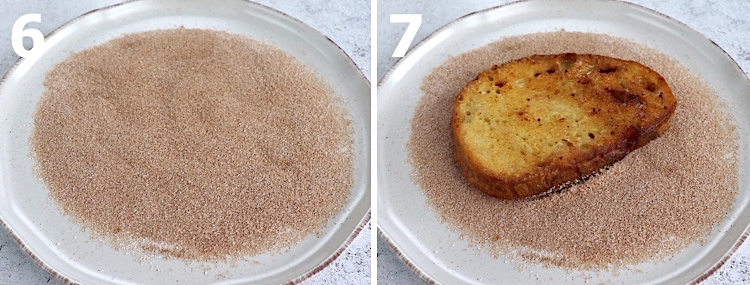 Fatia de rabanada e uma mistura de açúcar e canela em pó num prato