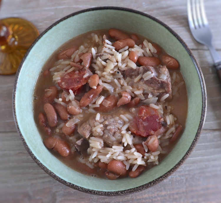 Rice and beans on a dish bowl
