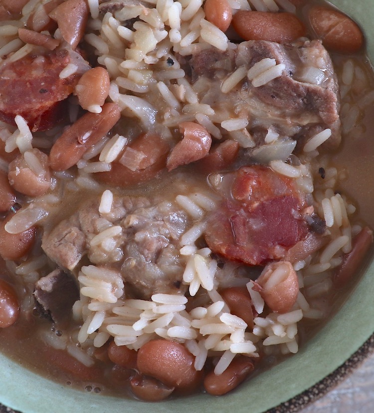 Rice and beans on a dish bowl