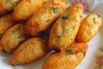 Salt cod fritters in a rectangular platter