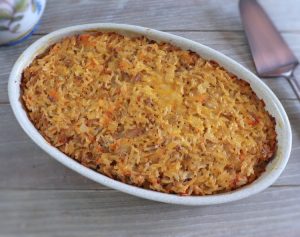 Easy tuna rice casserole on a baking dish