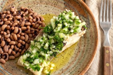 Cod with Black-Eyed Peas on a plate