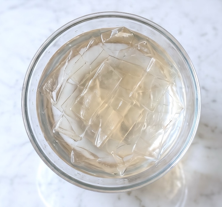Folhas de gelatina sem sabor numa taça com água fria