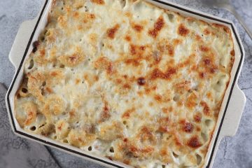 Easy pasta gratin with tuna on a baking dish