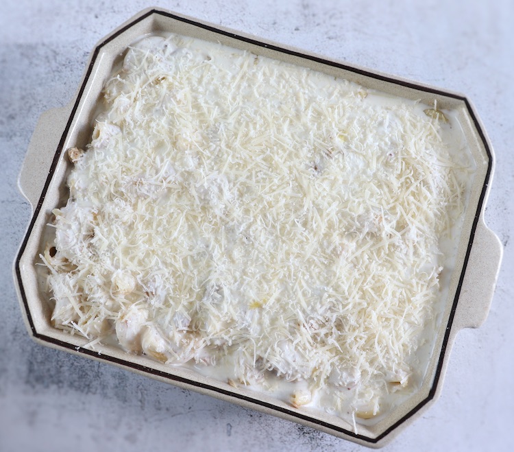 Pasta, tuna, béchamel mixture and grated cheese on a baking dish