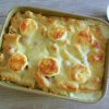 Baked pasta with sausage on a baking dish