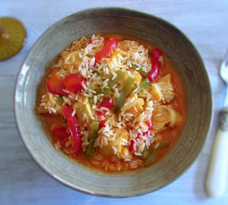Easy fish rice with peppers on a dish bowl