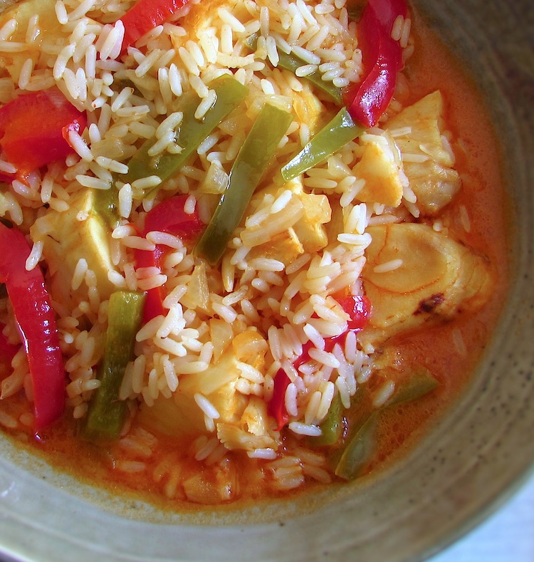 Easy fish rice with peppers on a dish bowl
