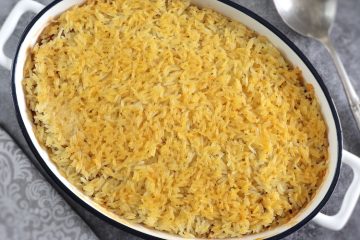 Ground beef and rice casserole on a baking dish