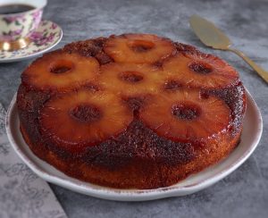 Pineapple upside down cake on a plate