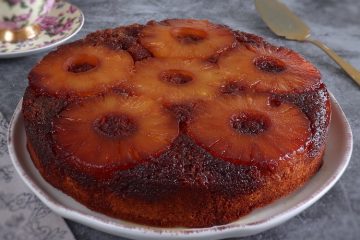 Pineapple upside down cake on a plate