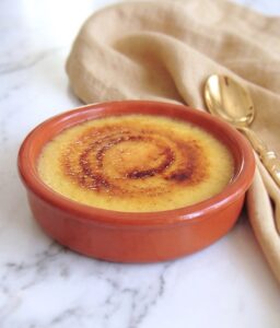 Portuguese Crème Brûlée in a clay bowl