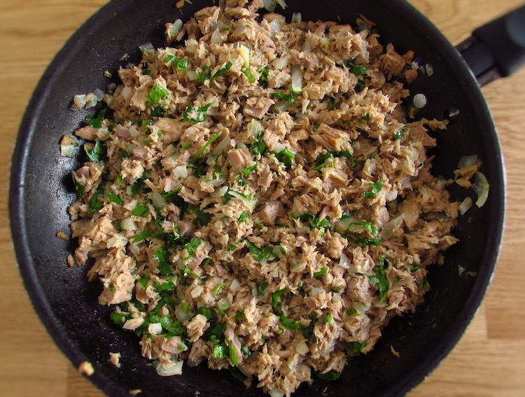 Tuna mixture on a frying pan