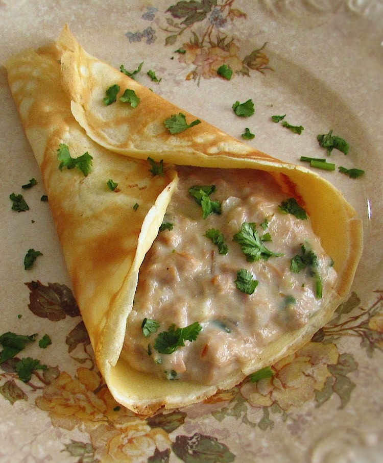 Crepes with tuna on a plate