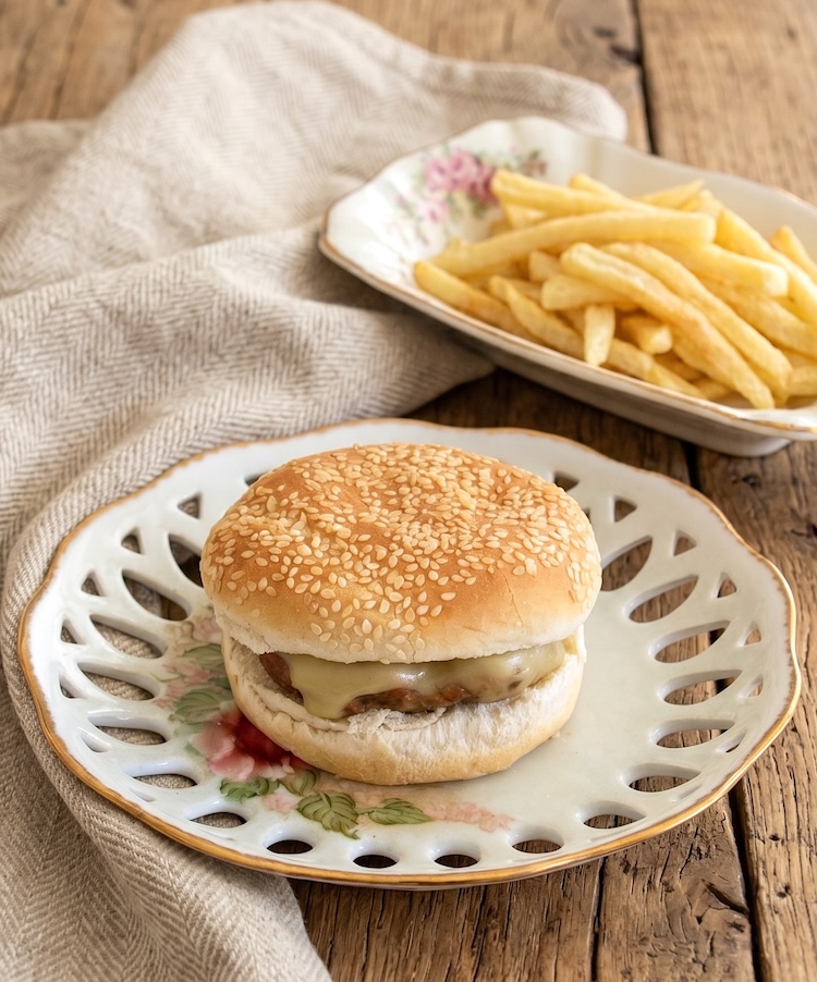Hambúrgueres de Porco Caseiros num prato com pão e queijo
