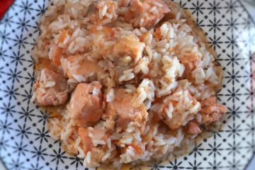 Salmon stew with rice on a plate