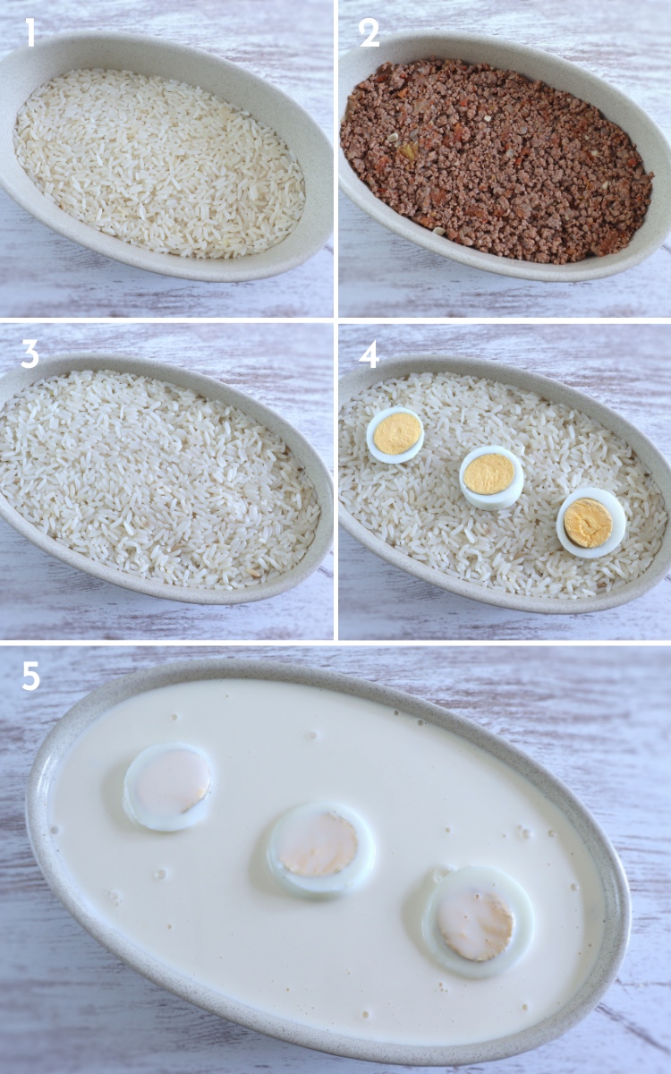 Carne picada com arroz e ovo no forno passos