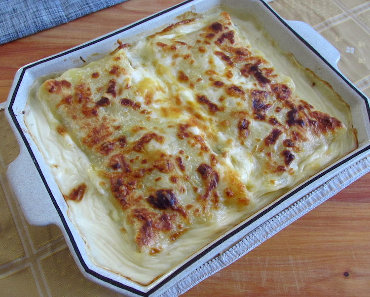 Chicken lasagna on a baking dish