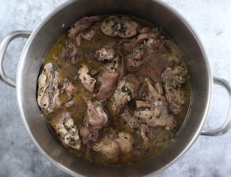 Rabbit stew on a large saucepan
