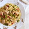 Chicken Spaghetti with Peas on a plate