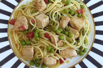 Stewed chicken with pasta on a plate