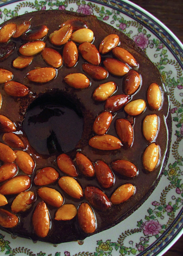 Banana almond upside down cake on a plate