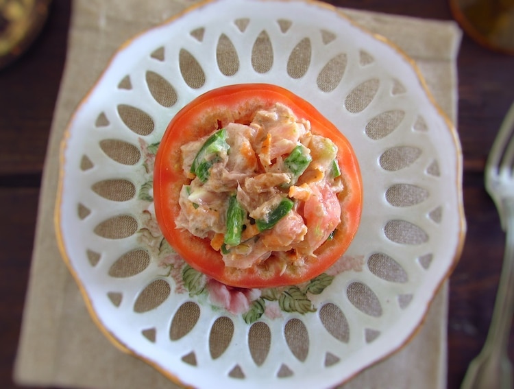 Stuffed tomatoes with tuna on a plate