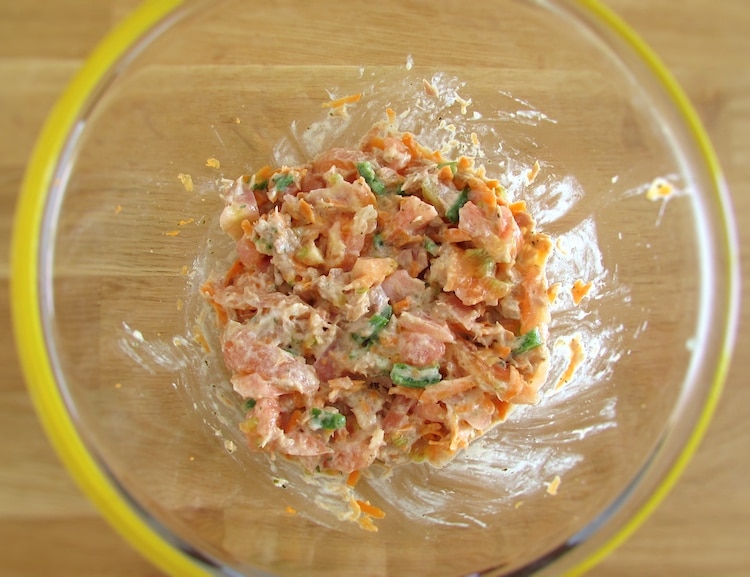 Tuna mixture on a glass bowl