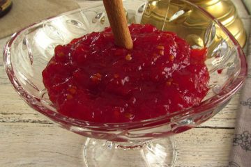 Tomato jam on a glass bowl