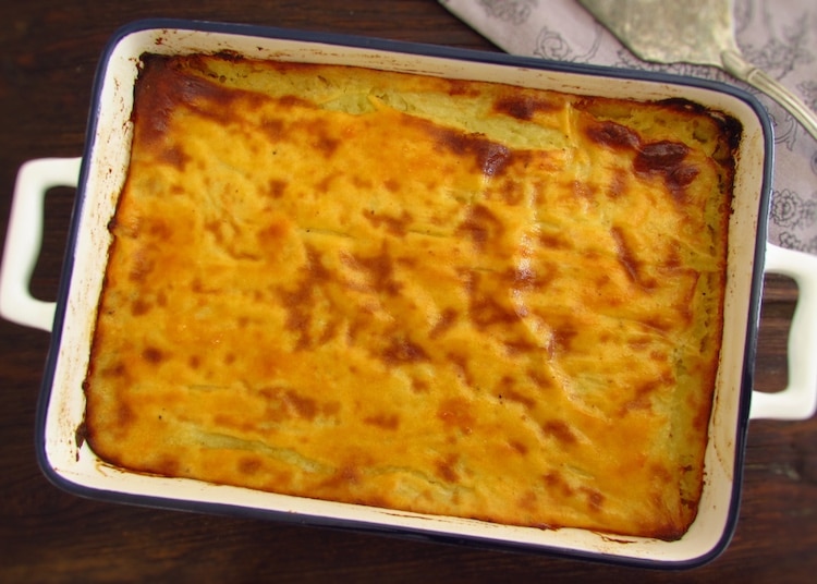 Mashed potato fish casserole on a baking dish