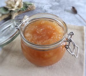 Pear jam on a glass jar