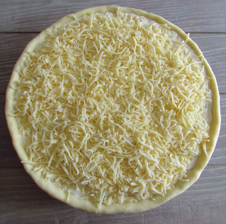 Pie filled with chicken, béchamel mixture and grated cheese