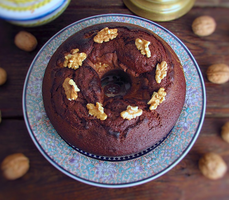 Chocolate walnuts cake on a plate