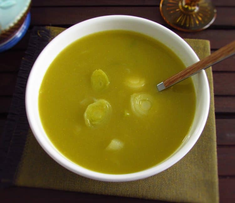 Leek soup on a soup bowl